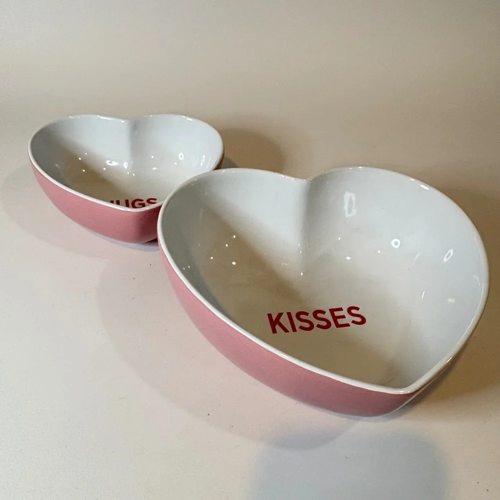 Celebrate It Valentine Heart Bowls Set of 2 Hugs Kisses Pink White Ceramic New
